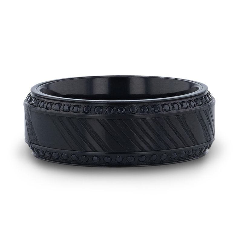 Thorsten TROPHY Black Damascus Steel Inlaid Polished Black Titanium Men's Wedding Band With Black Sapphire Beveled Edges Thorsten TROPHY Black Damascus Steel Inlaid Polished Black Titanium Men's Wedding Band With Black Sapphire Beveled Edges