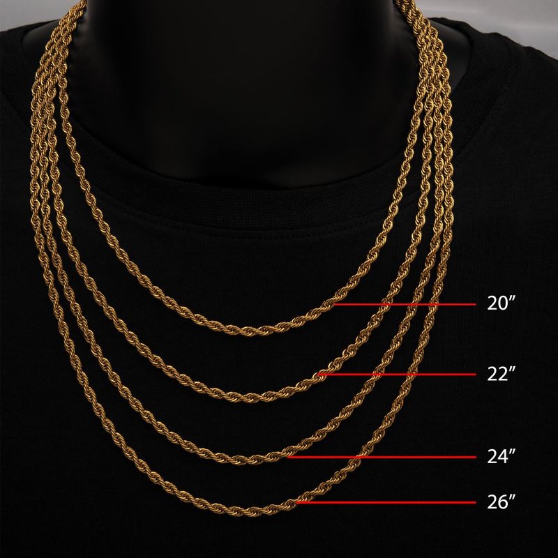 INOX Jewelry 4mm 18Kt Gold IP Rope Chain Necklace NSTC0304G