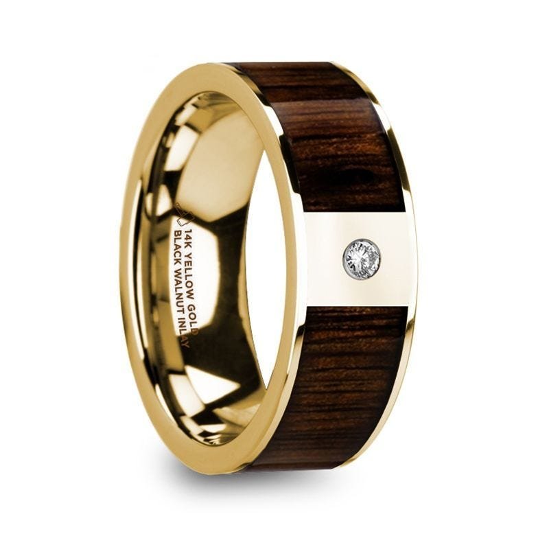 Thorsten 14k White Gold & Black Walnut Inlay Wedding Ring with Diamond - 8mm Thorsten 14k White Gold & Black Walnut Inlay Wedding Ring with Diamond - 8mm