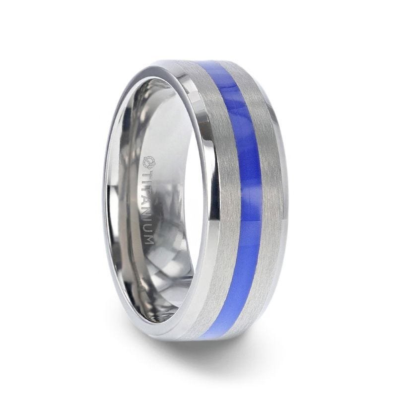 Thorsten BARRY Blue Stripe Inlaid Titanium Flat Brushed Men's Wedding Ring With Beveled Polished Edges - 8mm Thorsten BARRY Blue Stripe Inlaid Titanium Flat Brushed Men's Wedding Ring With Beveled Polished Edges - 8mm