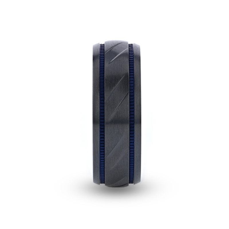 Thorsten PATROL Black Titanium Carved Diagonal Pattern Brushed Finish Men’s Wedding Ring with Blue Milgrain Grooves – 8mm Thorsten PATROL Black Titanium Carved Diagonal Pattern Brushed Finish Men’s Wedding Ring with Blue Milgrain Grooves – 8mm