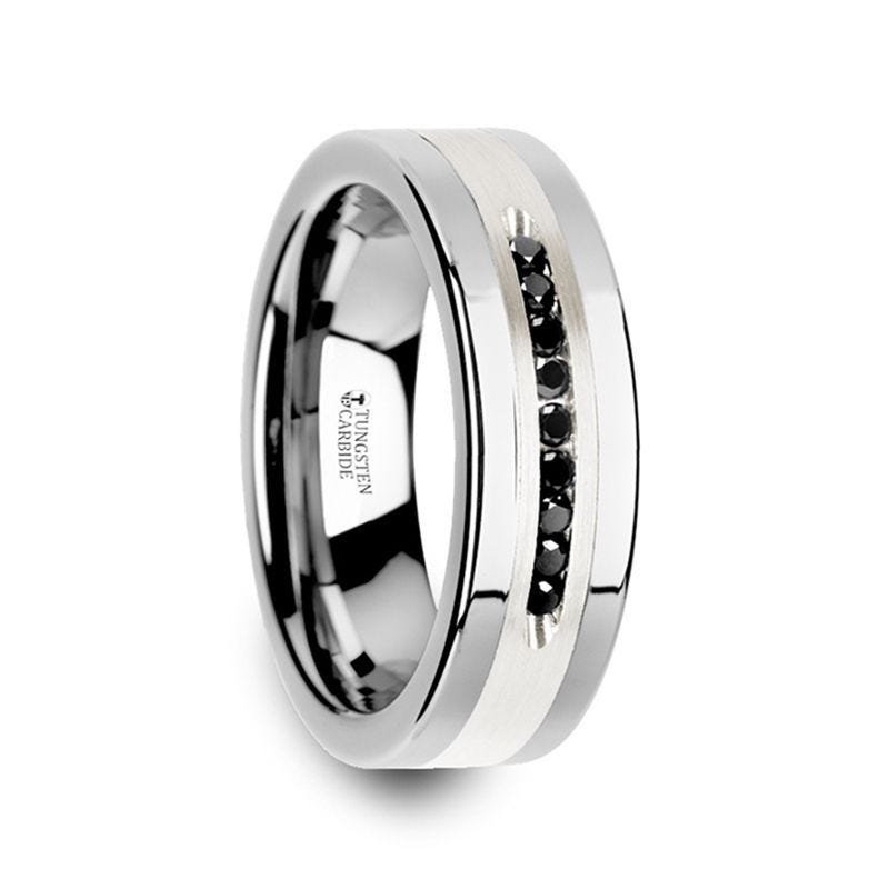 Thorsten BLACKSTONE Flat Tungsten Wedding Band with Brushed Silver Inlay Center and 9 Channel Set Black Diamonds - 8mm Thorsten BLACKSTONE Flat Tungsten Wedding Band with Brushed Silver Inlay Center and 9 Channel Set Black Diamonds - 8mm