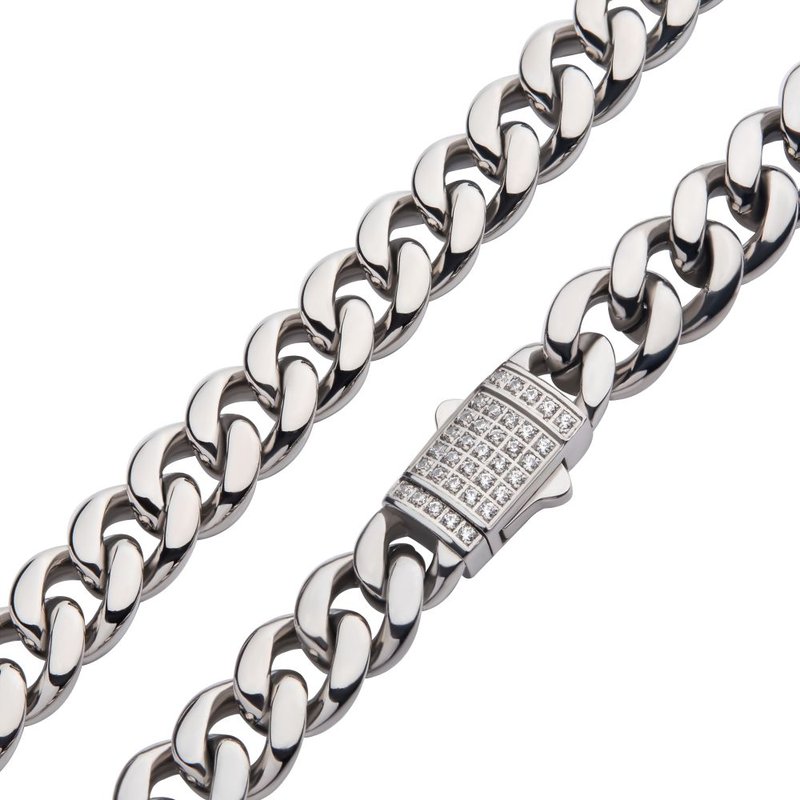 INOX Jewelry 8mm Steel Miami Cuban Chain Necklace with CNC