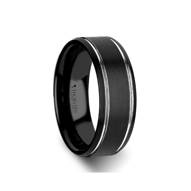 Thorsten NOCTURNE Black Beveled Tungsten Carbide Band with Polished Grooves and Brushed Finish - 6mm or 8mm Thorsten NOCTURNE Black Beveled Tungsten Carbide Band with Polished Grooves and Brushed Finish - 6mm or 8mm