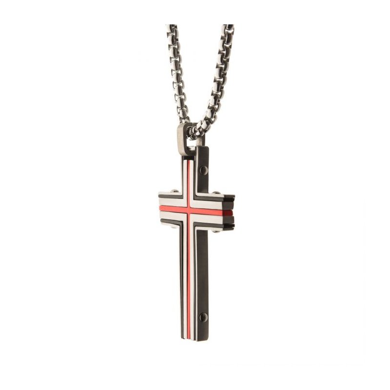 INOX Jewelry Steel & Red IP Dante Cross Pendant with Chain