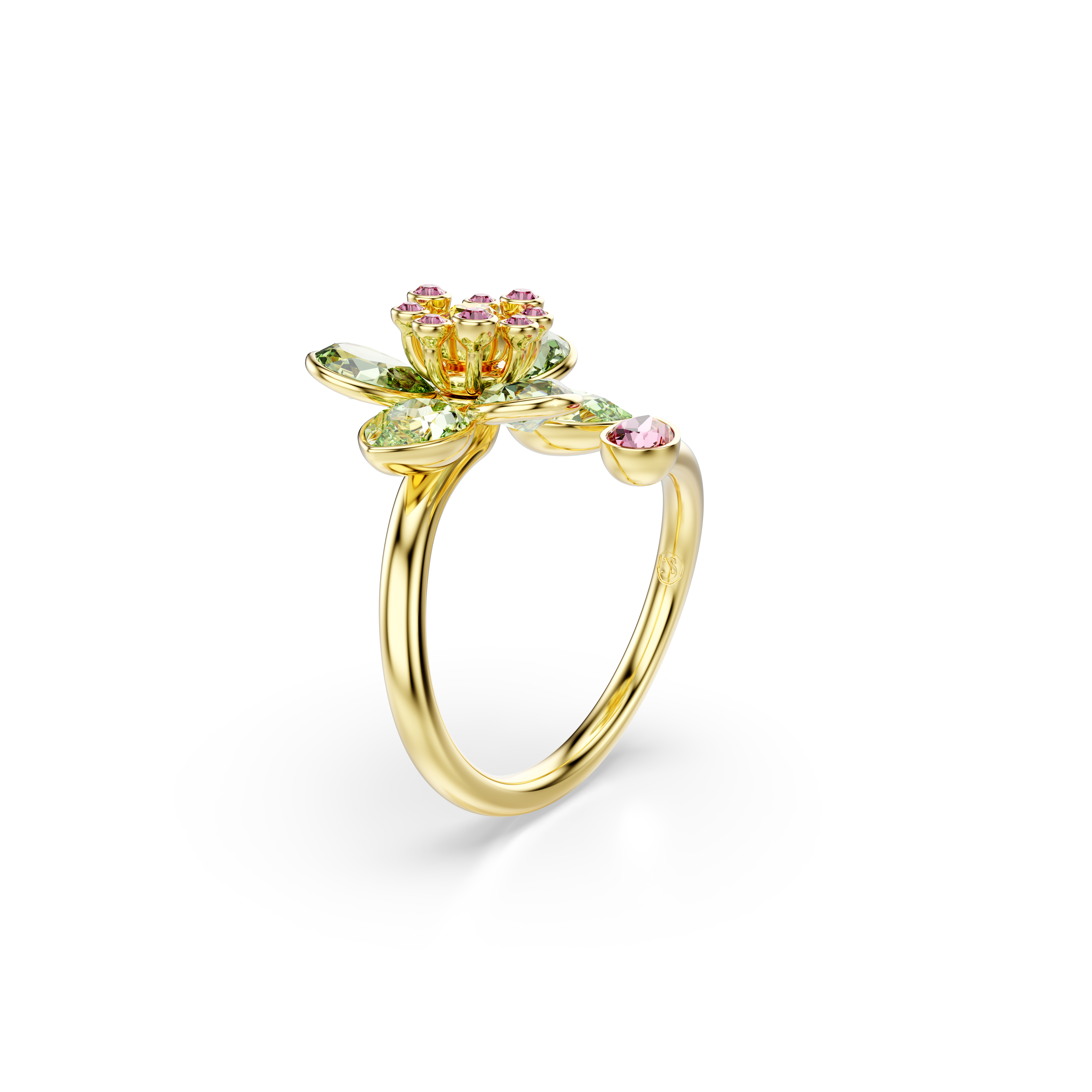 Swarovski Idyllia open ring, Mixed cuts, Flower, Green, Gold-tone