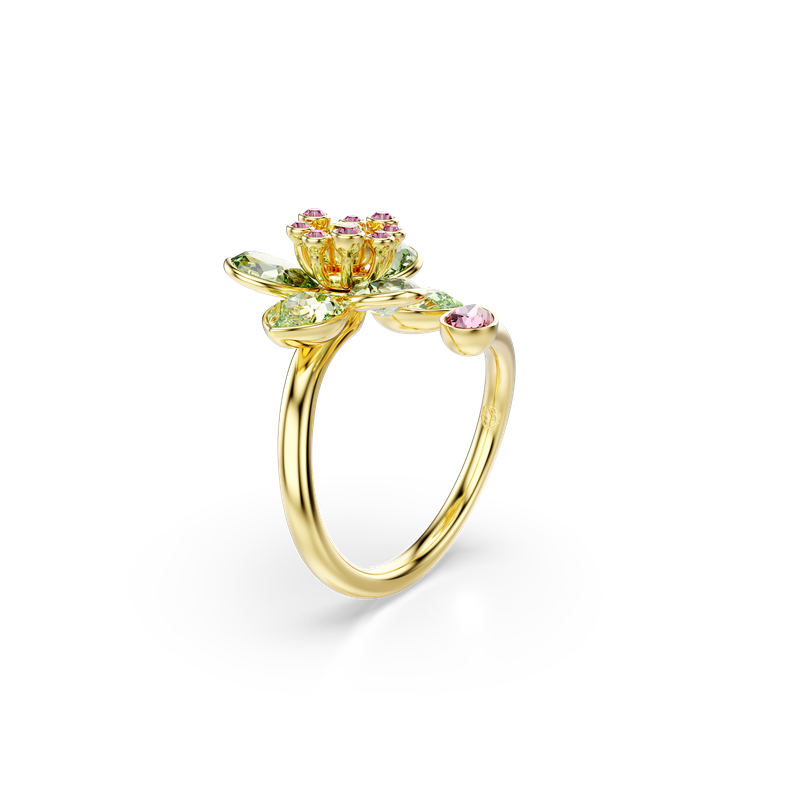Swarovski Idyllia open ring, Mixed cuts, Flower, Green, Gold-tone