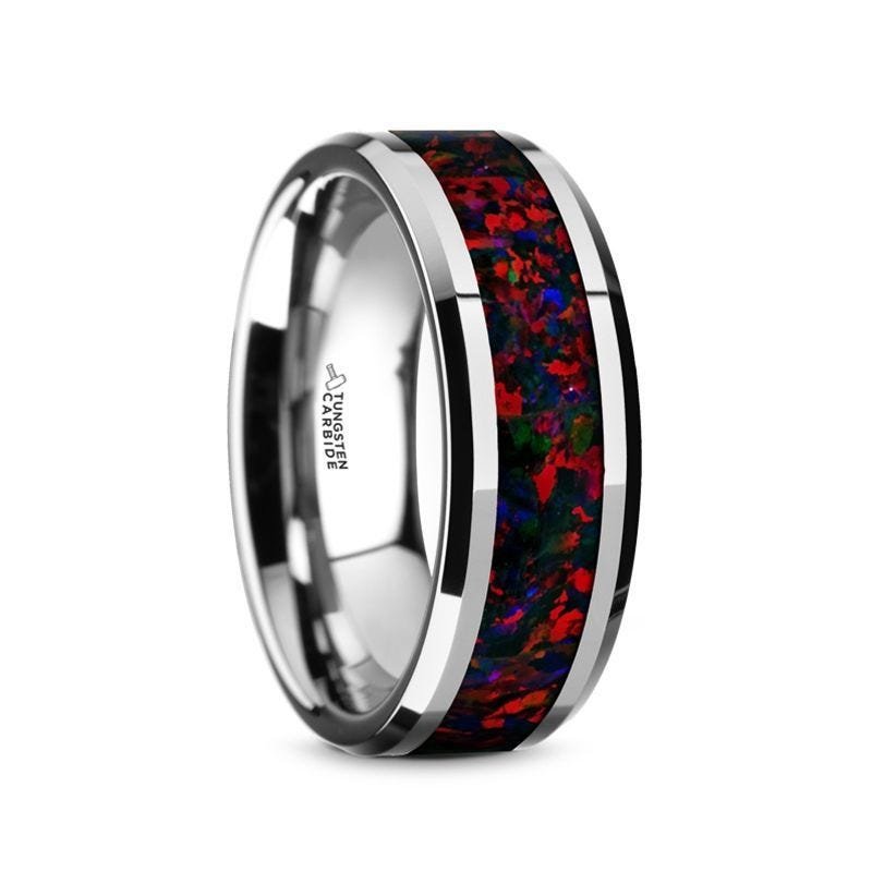 Thorsten HALLEY Tungsten Carbide Black Opal Inlay Men’s Wedding Band with Beveled Edges - 8mm Thorsten HALLEY Tungsten Carbide Black Opal Inlay Men’s Wedding Band with Beveled Edges - 8mm