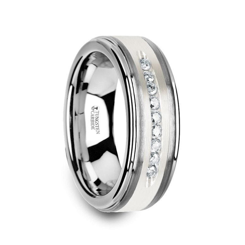Thorsten HARPER Tungsten Wedding Band with Raised Center & Brushed Silver Inlay and 9 Channel Set White Diamonds - 8mm Thorsten HARPER Tungsten Wedding Band with Raised Center & Brushed Silver Inlay and 9 Channel Set White Diamonds - 8mm