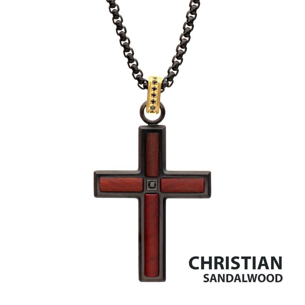 INOX Jewelry Matte Finish Black IP Steel Sandalwood Cross Pendant