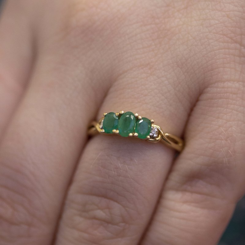 14k Yellow Gold Oval Triple Emerald And Diamond Ring
