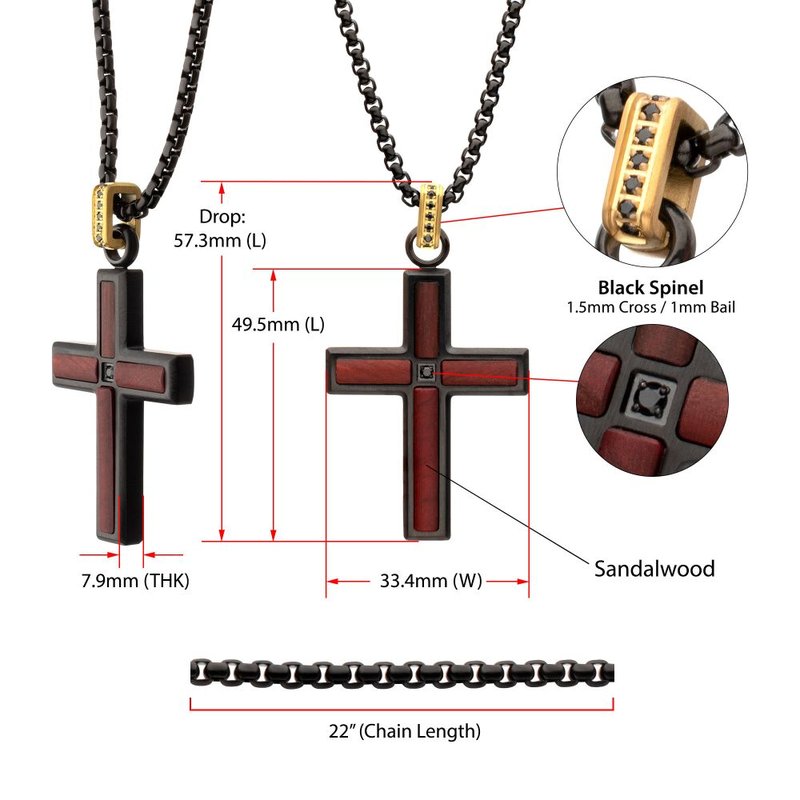 INOX Jewelry Matte Finish Black IP Steel Sandalwood Cross Pendant