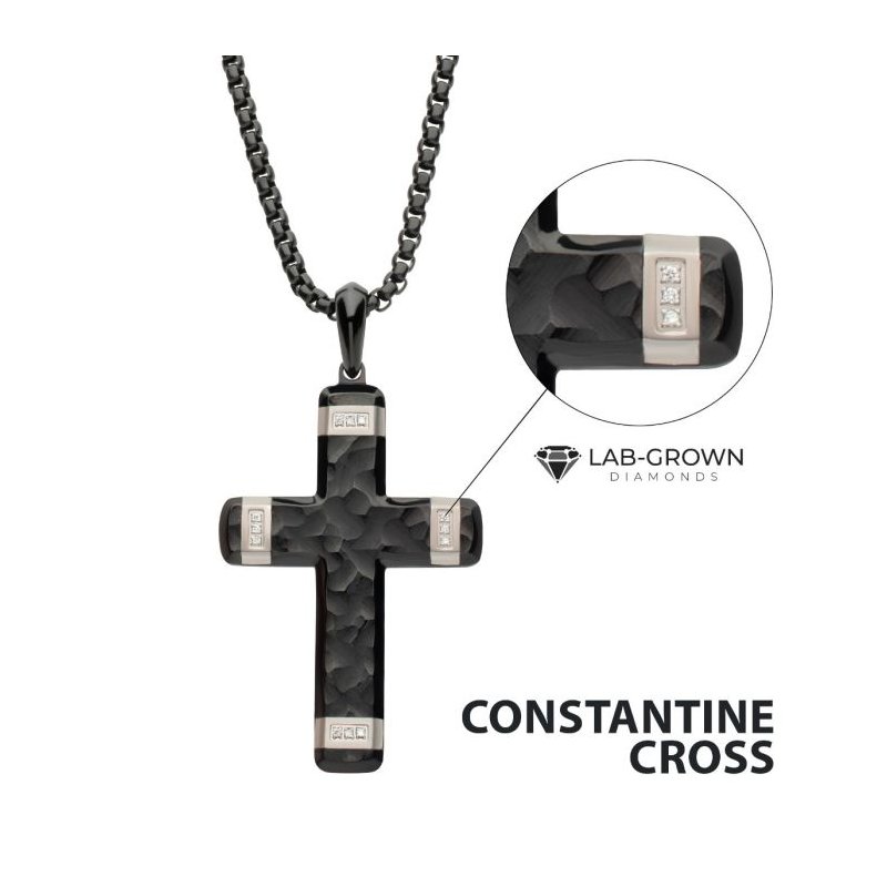 INOX Jewelry Matte Finish Black IP Carved Steel Large Cross