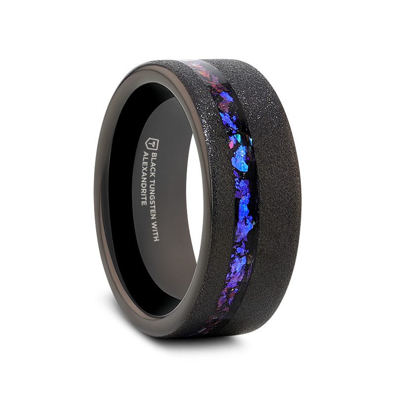 Thorsten MIRAGE Sandblasted Black Tungsten Ring with Crushed Alexandrite and Dark Blue & Purple Crushed Goldstone - 8mm Thorsten MIRAGE Sandblasted Black Tungsten Ring with Crushed Alexandrite and Dark Blue & Purple Crushed Goldstone - 8mm