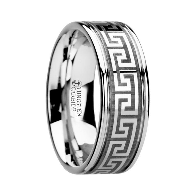 Thorsten THASOS Grooved Tungsten Carbide Wedding Band with Greek Key Meander Design - 8mm Thorsten THASOS Grooved Tungsten Carbide Wedding Band with Greek Key Meander Design - 8mm