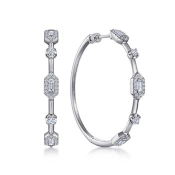 14K White Gold 40mm Diamond Baguette and Round Station Classic Hoop Earrings EG14276W44JJ