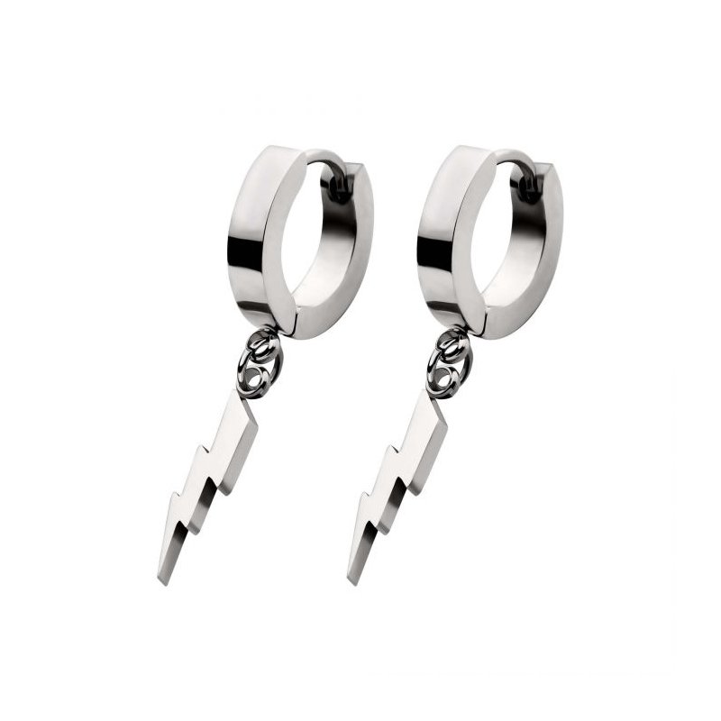 INOX Jewelry Stainless Steel Huggie Earrings with Lightning Bolt