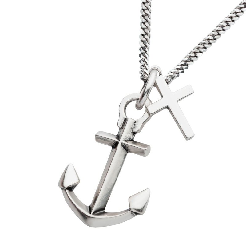 INOX Jewelry 925 Silver Oxidized Anchor & Cross Duo Pendant with