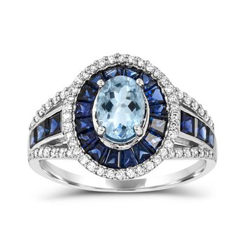 14K White Gold Aquamarine, Blue Sapphire and Diamond 0.280cts Ring R12807AQSB6W4