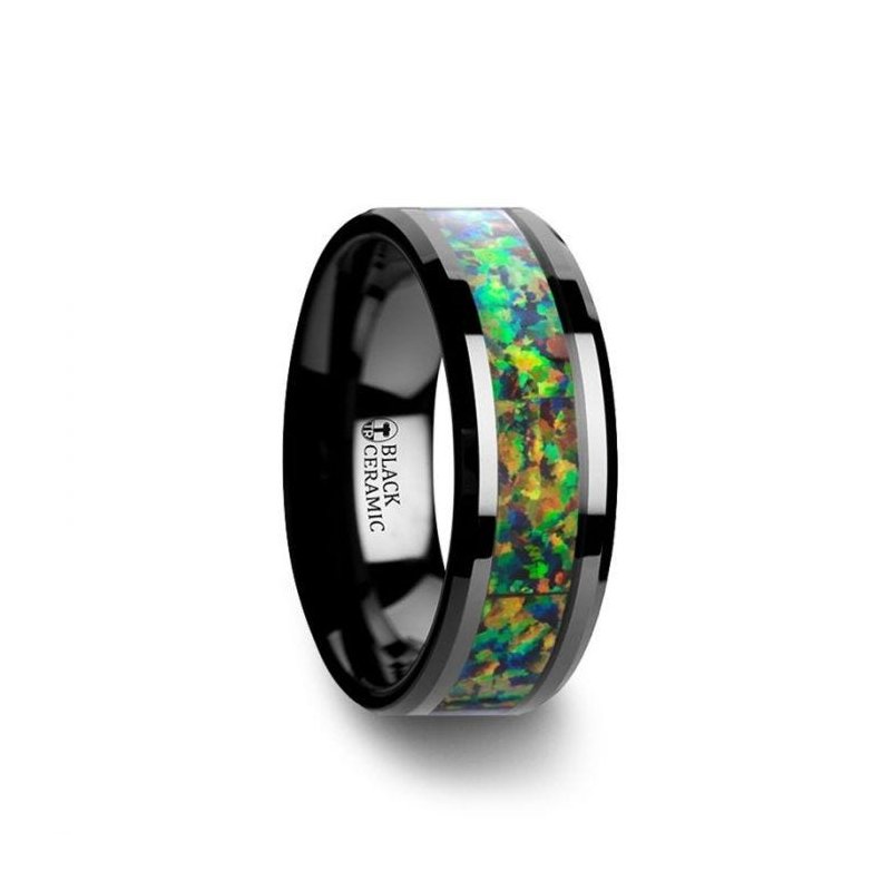 Thorsten GALACTIC Black Ceramic Wedding Band with Beveled Edges and Blue & Orange Opal Inlay - 8mm