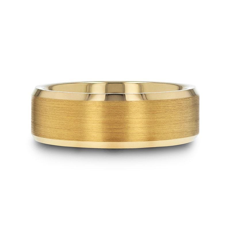 Thorsten HONOR Gold-Plated Tungsten Beveled Polished Edges Flat Ring with Brushed Center - 6mm & 8mm Thorsten HONOR Gold-Plated Tungsten Beveled Polished Edges Flat Ring with Brushed Center - 6mm & 8mm
