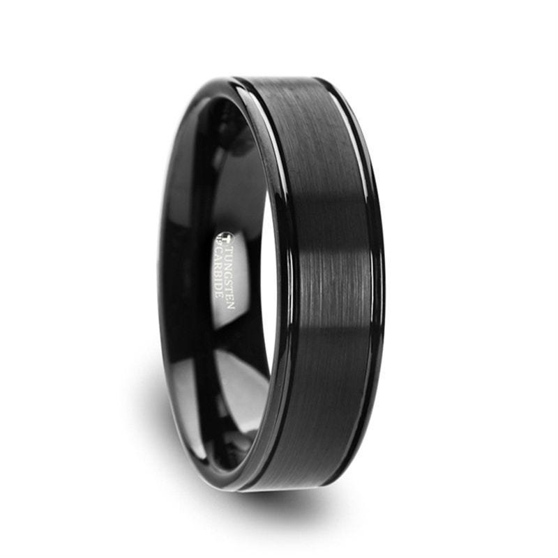 Thorsten TURNER Flat Brushed Finish Center Black Tungsten Carbide Wedding Band with Dual Offset Grooves and Polished Edges - 6mm & 8mm Thorsten TURNER Flat Brushed Finish Center Black Tungsten Carbide Wedding Band with Dual Offset Grooves and Polished Edges - 6mm & 8mm