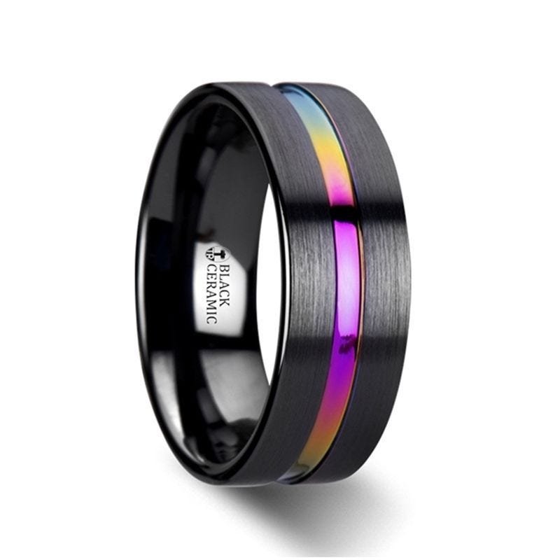 Thorsten AZURE Flat Black Ceramic Ring Brushed with Rainbow Groove - 4mm 6mm or 8mm Thorsten AZURE Flat Black Ceramic Ring Brushed with Rainbow Groove - 4mm 6mm or 8mm