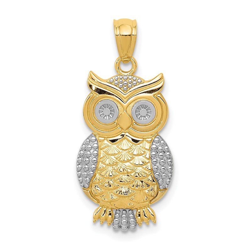 14K Yellow Gold And White Rhodium Textured Owl Pendant 14K Yellow Gold And White Rhodium Textured Owl Pendant