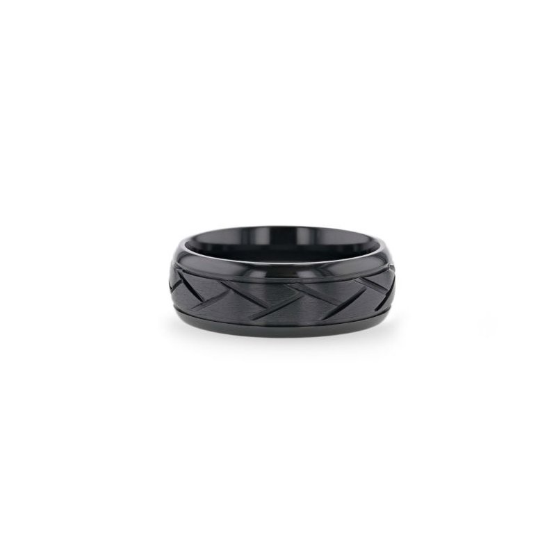 Thorsten JAX Black Titanium Ring with Brushed Cross Alternating Diagonal Cuts Pattern - 8mm Thorsten JAX Black Titanium Ring with Brushed Cross Alternating Diagonal Cuts Pattern - 8mm