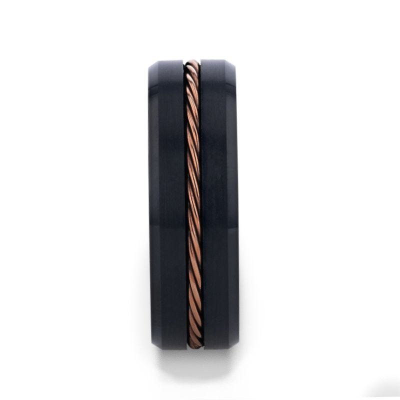 Thorsten ADELARD Rose Gold Braided Brushed Center Black Tungsten Wedding Band With Polished Beveled Edges - 8mm Thorsten ADELARD Rose Gold Braided Brushed Center Black Tungsten Wedding Band With Polished Beveled Edges - 8mm