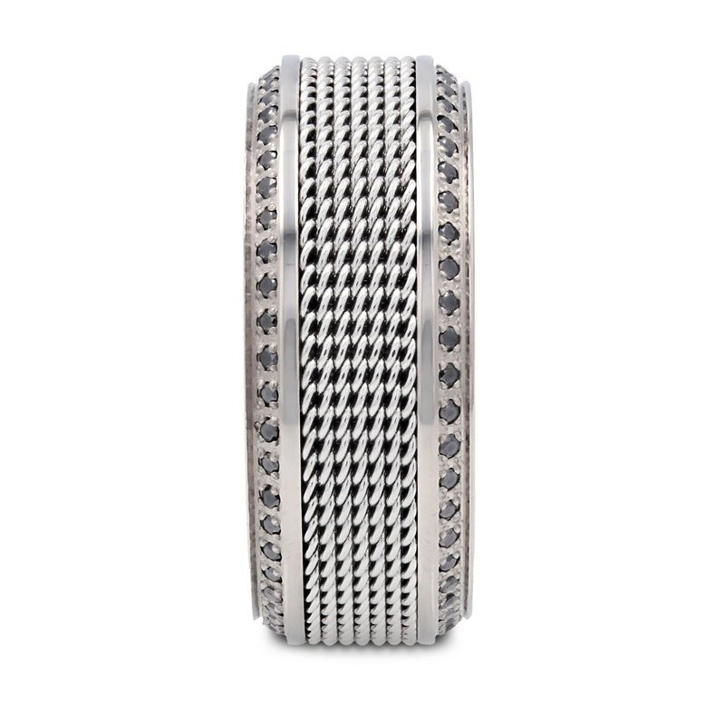 Thorsten GAUNTLET Steel Chain Titanium Wedding Ring Polished Beveled Edges Set with Round Black Diamonds - 10mm
