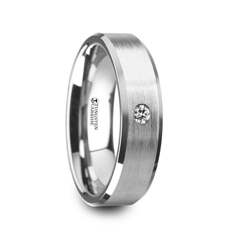Thorsten PORTER Brushed Finish Tungsten Carbide Wedding Ring with White Diamond Setting and Beveled Edges- 6 mm & 8 mm Thorsten PORTER Brushed Finish Tungsten Carbide Wedding Ring with White Diamond Setting and Beveled Edges- 6 mm & 8 mm