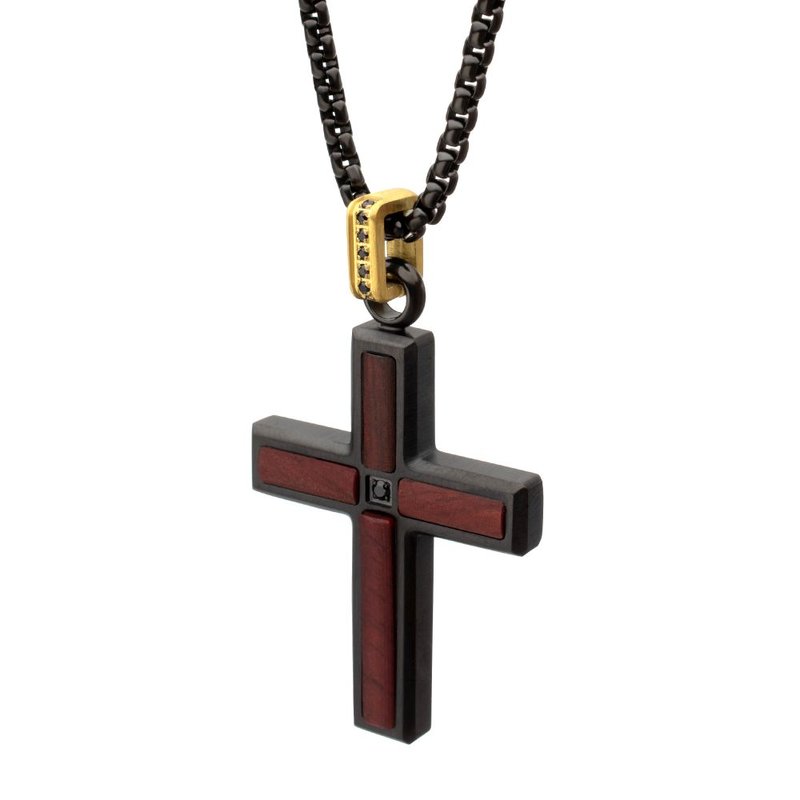 INOX Jewelry Matte Finish Black IP Steel Sandalwood Cross Pendant