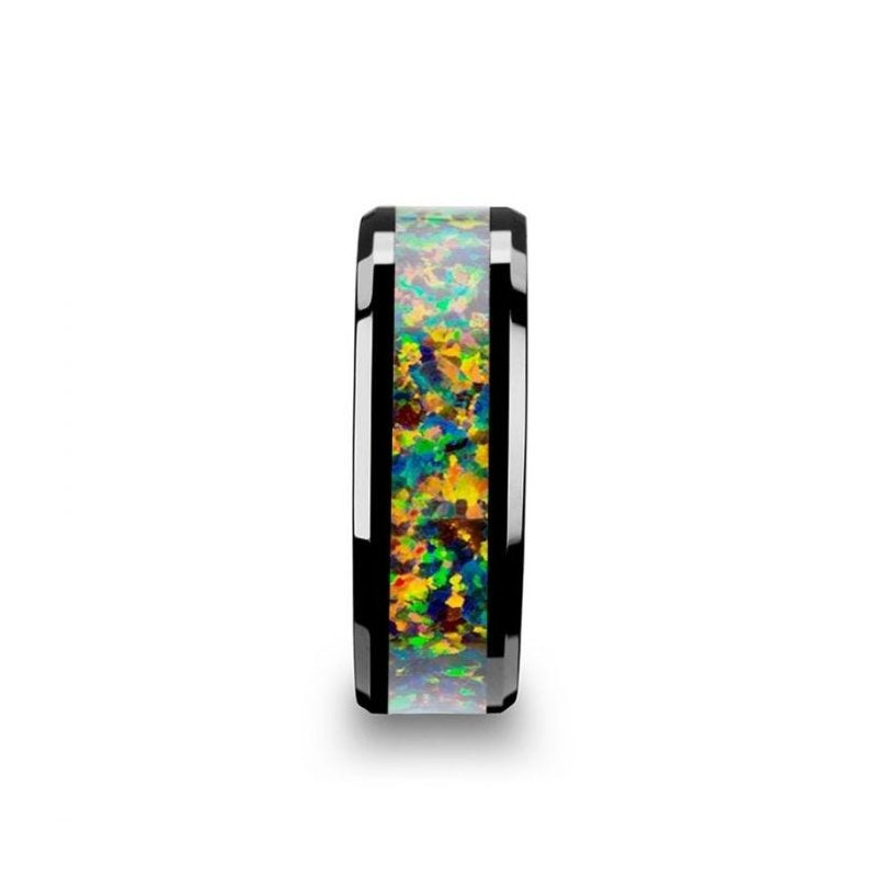 Thorsten GALACTIC Black Ceramic Wedding Band with Beveled Edges and Blue & Orange Opal Inlay - 8mm
