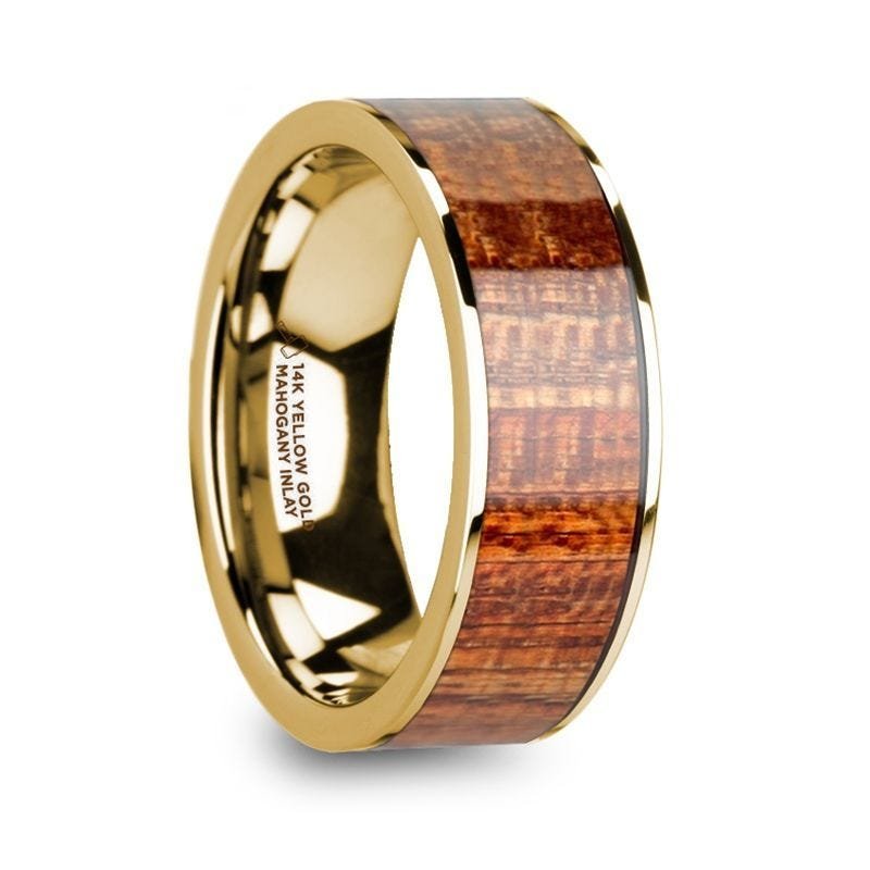 Thorsten 14k White Gold Wedding Band with Mahogany Wood Inlay & Diamond - 8mm Thorsten 14k White Gold Wedding Band with Mahogany Wood Inlay & Diamond - 8mm
