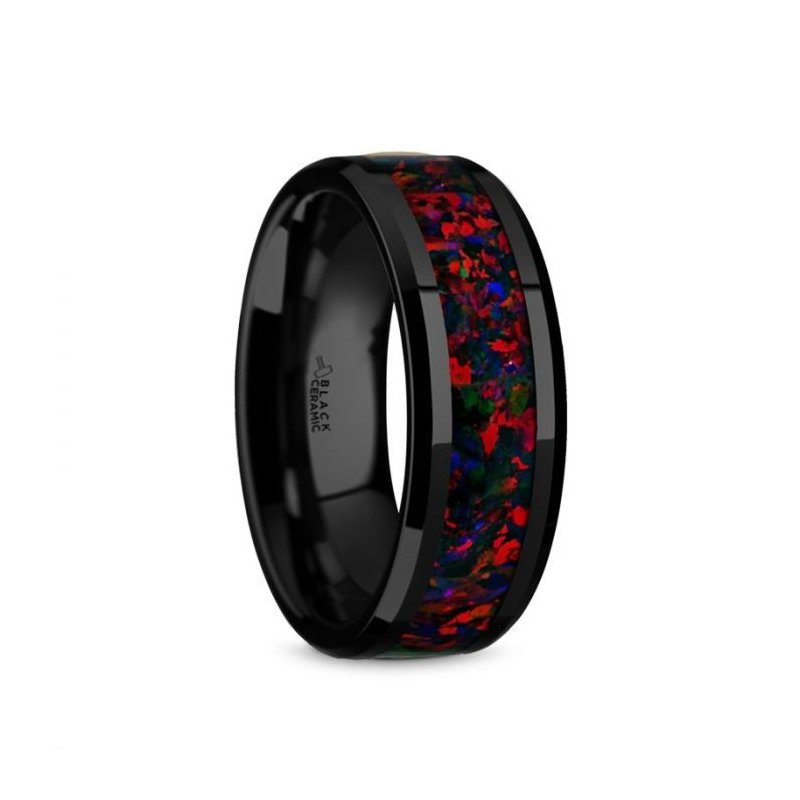 Thorsten MATRIX Black Ceramic Polished Beveled Edges Men’s Wedding Band with Black Opal Inlay