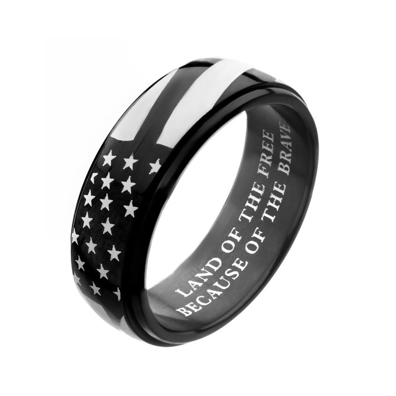 INOX Jewelry Black IP Steel American Flag Spinner Ring FR2107OP
