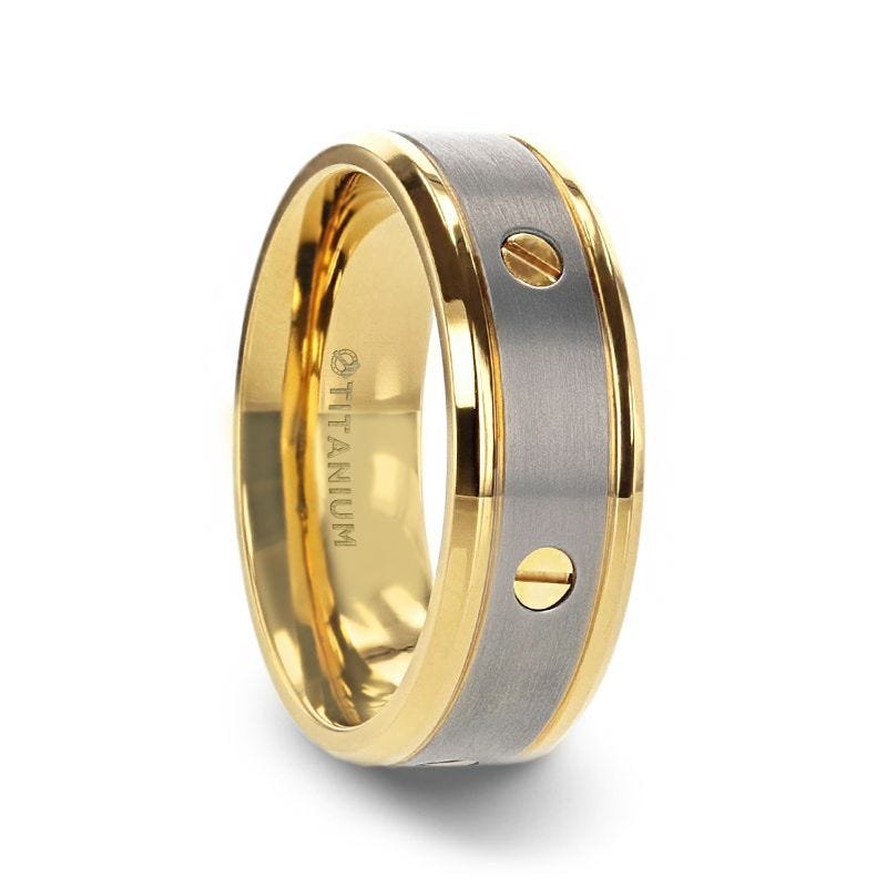 Thorsten BOUNDLESS Gold-Plated Titanium Flat Brushed Center With Rotating Screw Design And Beveled Polished Edges - 8mm Thorsten BOUNDLESS Gold-Plated Titanium Flat Brushed Center With Rotating Screw Design And Beveled Polished Edges - 8mm