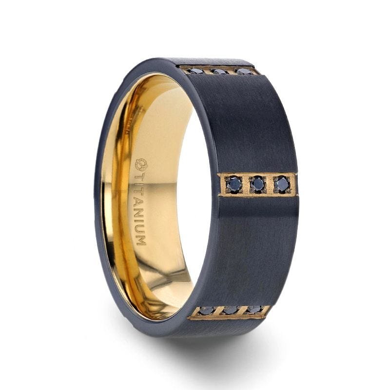 Thorsten MURAMASA Flat Brushed Black Titanium Ring Gold Plated Inside with 6 Gold Plated Stainless Steel Bezels Triple Black Diamond Setting Thorsten MURAMASA Flat Brushed Black Titanium Ring Gold Plated Inside with 6 Gold Plated Stainless Steel Bezels Triple Black Diamond Setting