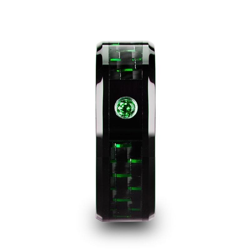 Thorsten HADAR Black Ceramic Ring Black and Green Carbon Fiber Emerald Setting - 8mm Thorsten HADAR Black Ceramic Ring Black and Green Carbon Fiber Emerald Setting - 8mm