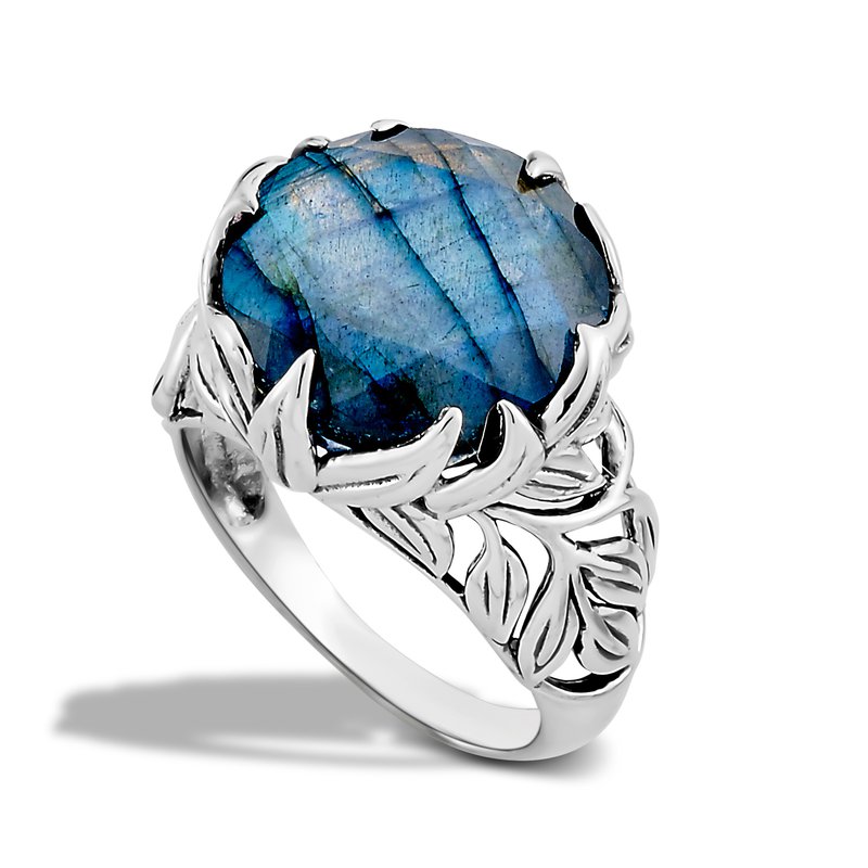 Samuel B STERLING SILVER LEAF DEISGN RING WITH ROUND LABRODORITE CENTER ...