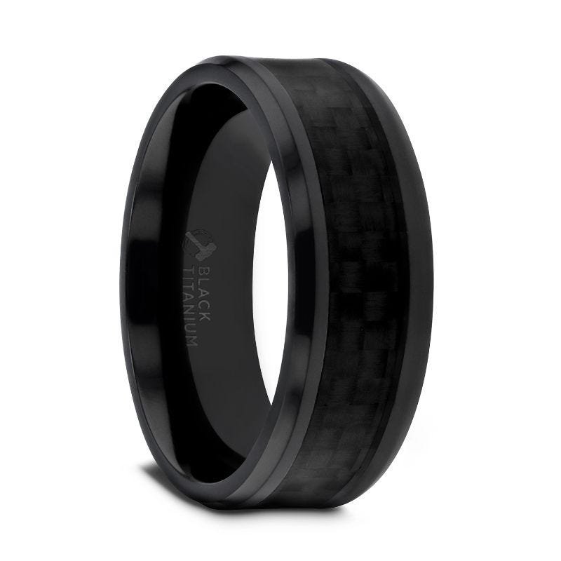Thorsten OXYN Black Titanium Polished Beveled Edges Black Carbon Fiber Inlaid Wedding Band - 8mm or 6mm - OXYN Thorsten OXYN Black Titanium Polished Beveled Edges Black Carbon Fiber Inlaid Wedding Band - 8mm or 6mm - OXYN