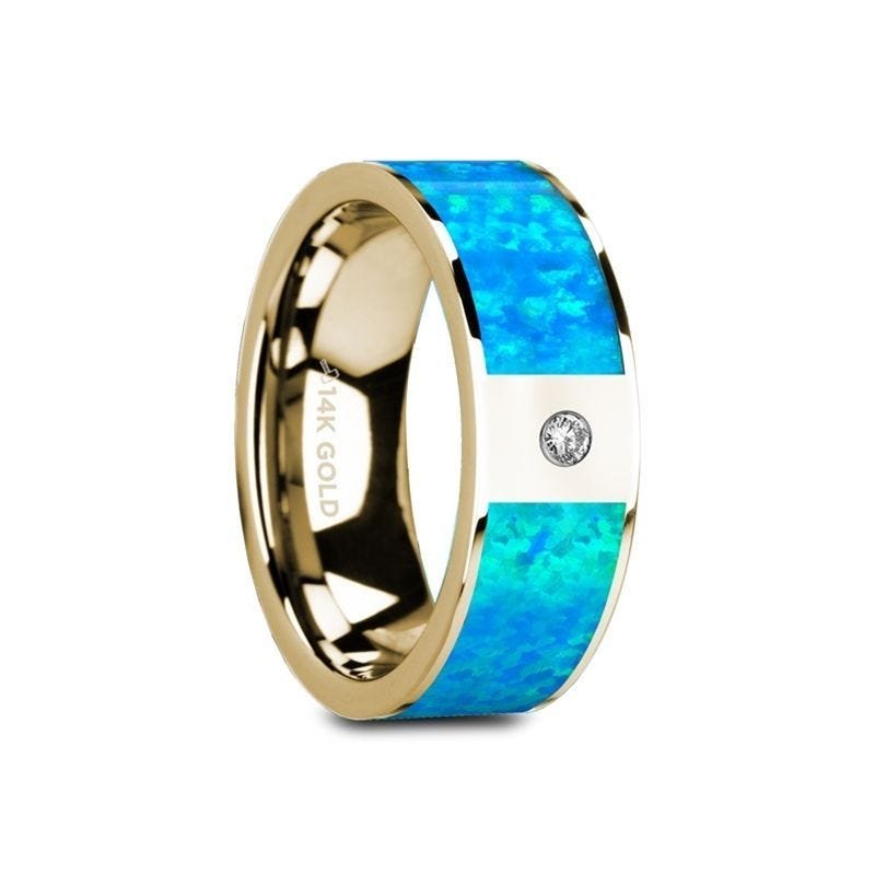 Thorsten GELASIA 14K Yellow Gold with Blue Opal Inlay & White Diamond Setting Flat Band - 8mm - GELASIA Thorsten GELASIA 14K Yellow Gold with Blue Opal Inlay & White Diamond Setting Flat Band - 8mm - GELASIA
