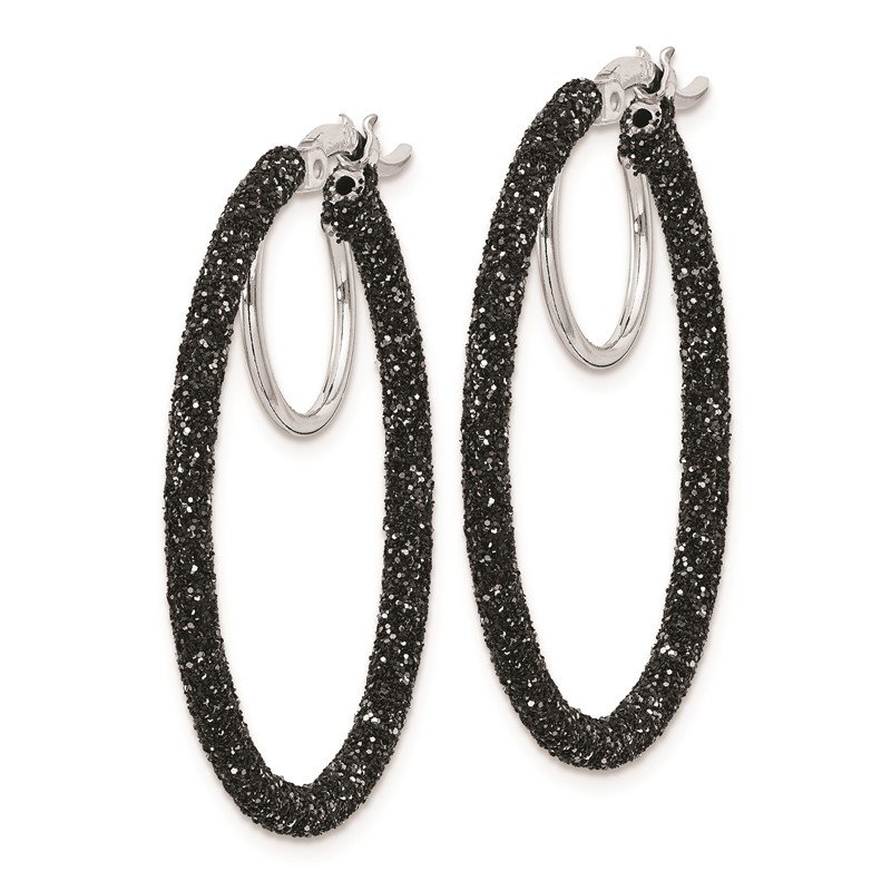 Sterling Silver Rhodium And Black Glitter Enamel Glitter Hoop Earrings Sterling Silver Rhodium And Black Glitter Enamel Glitter Hoop Earrings