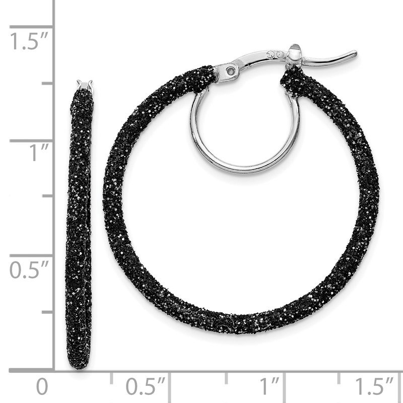 Sterling Silver Rhodium And Black Glitter Enamel Glitter Hoop Earrings Sterling Silver Rhodium And Black Glitter Enamel Glitter Hoop Earrings