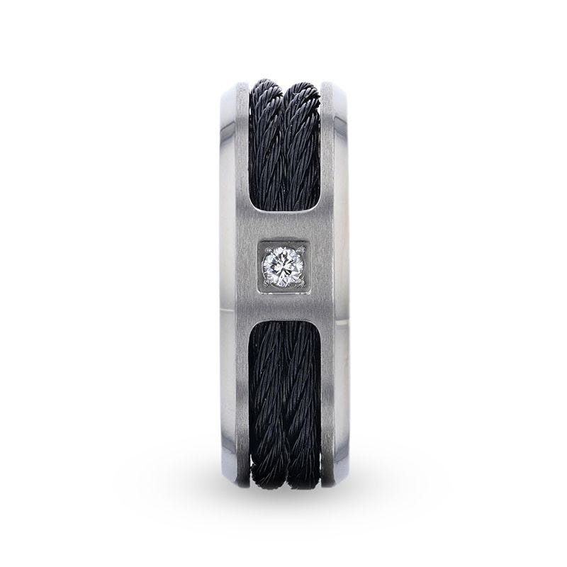 Thorsten SECTOR Black Rope Cables Inlaid Brushed Finish Titanium Men's Wedding Ring with Diamond Centered And Beveled Polished Edges - 8mm Thorsten SECTOR Black Rope Cables Inlaid Brushed Finish Titanium Men's Wedding Ring with Diamond Centered And Beveled Polished Edges - 8mm