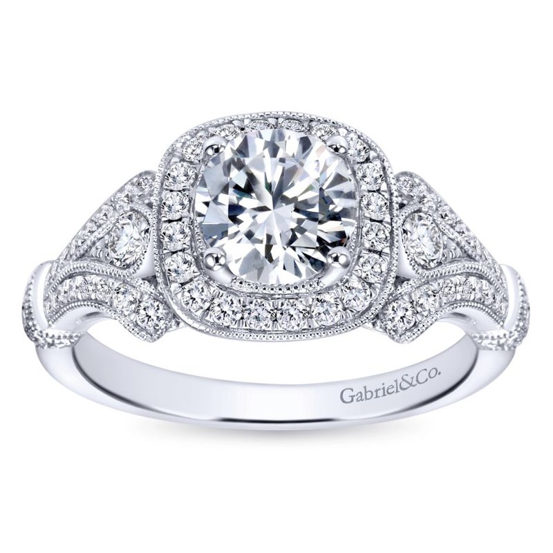 Gabriel Bridal Vintage Inspired 14K White Gold Cushion Halo Round