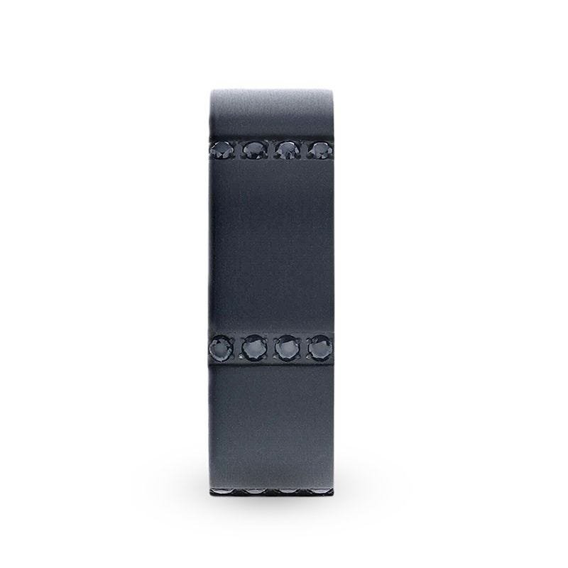 Thorsten MYSTERIOUS Flat Brushed Black Titanium Ring With 6 Sets of Quadruple Black Sapphires In Horizontal Channels Thorsten MYSTERIOUS Flat Brushed Black Titanium Ring With 6 Sets of Quadruple Black Sapphires In Horizontal Channels