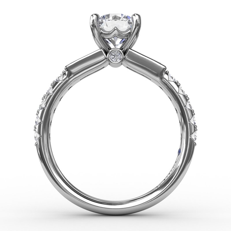 Three Stone Round Diamond Engagement Ring With Bezel Set Baguettes and Diamond Band