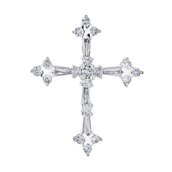 14k White Gold Gothic Style Diamond Cross Baguette  Rounds Hidden Bail Pendant 0.25 Ctw 5809